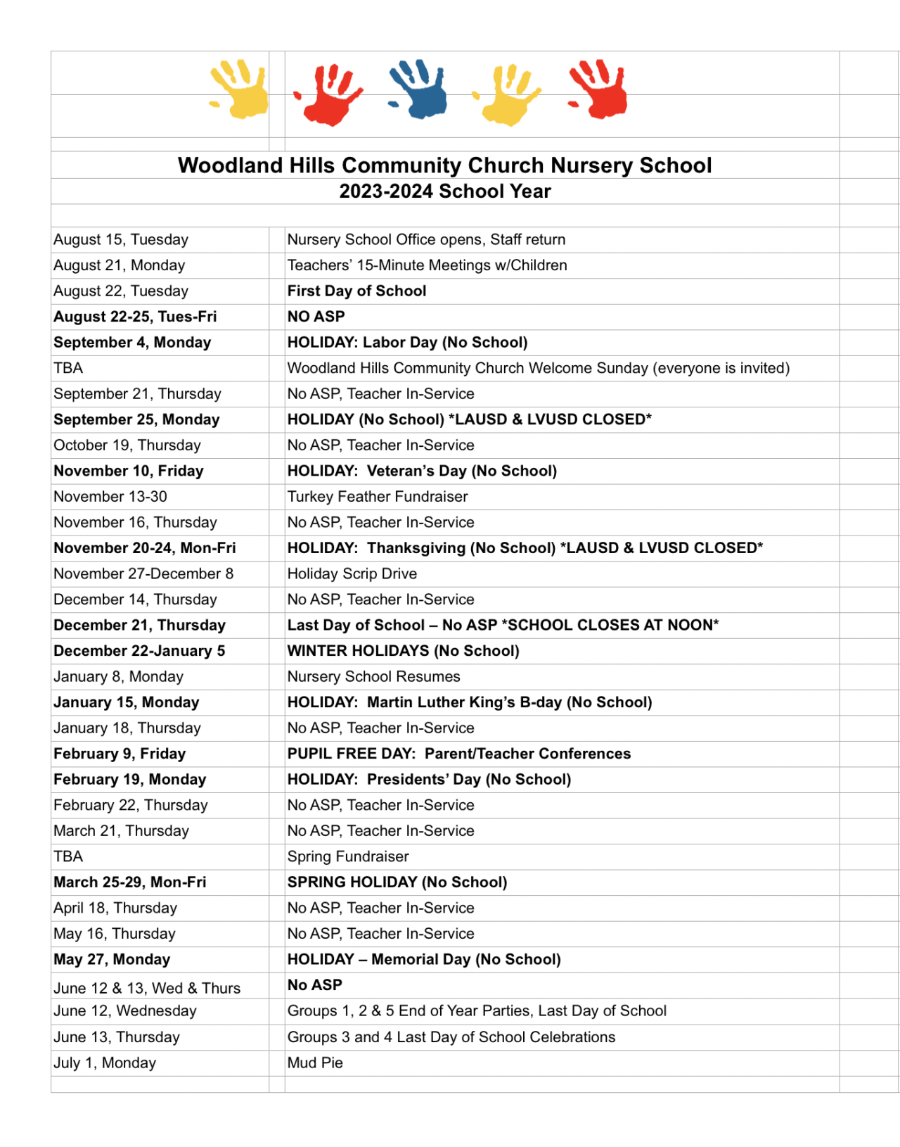 Nursery School Calendar – Woodland Hills Community Church